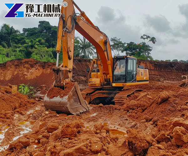 6-ton excavator digging soil for road project