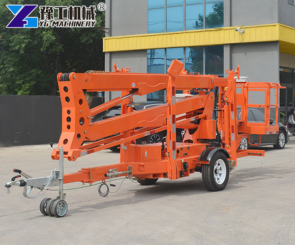 trailer-mounted boom lift in operation